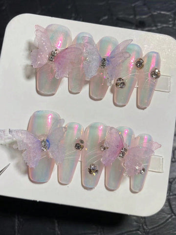 10pcs/Set 3d Hand-Painted Butterfly False Nails For Girls + 3 Sheets Double-Sided Adhesive