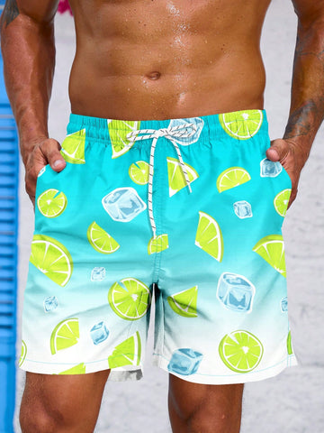 Men's Lemon Patterned Drawstring Waist Beach Shorts