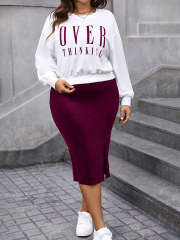 Plus Size Women's Letter Printed Round Neck Sweatshirt And Skirt Set