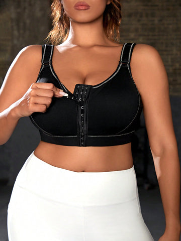 Plus Size Women's Contrast Stitching Front Buckle Sport Bra