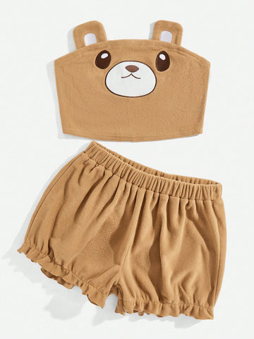 Plus Size Cute Sweet Bear Embroidery Tube Top And Solid Shorts Set