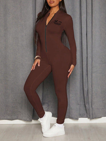 Women's Front Zipper Long Sleeve Bodycon Jumpsuit