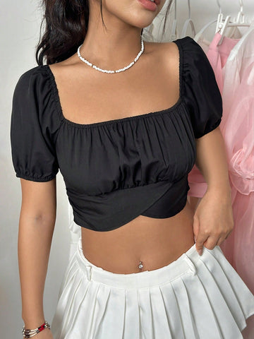 Women's Short Cropped Blouse With Pleated Bust