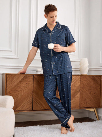 Men's Short Sleeved Shirt And Long Pants Homewear Set With Rolled Hem And Geometric Pattern