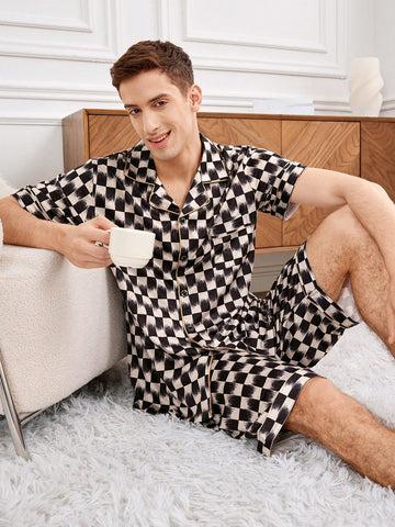 Men's Rolled Edge Trim Plaid Pattern Short Sleeve Shirt And Shorts Homewear Set