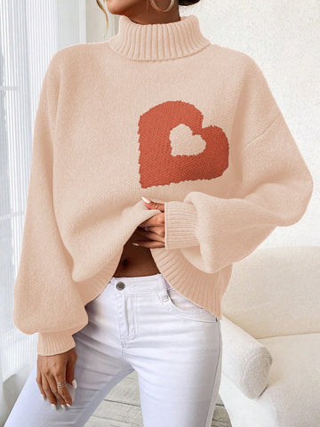 Women's Casual Turtleneck Heart Print Drop Shoulder Sweater