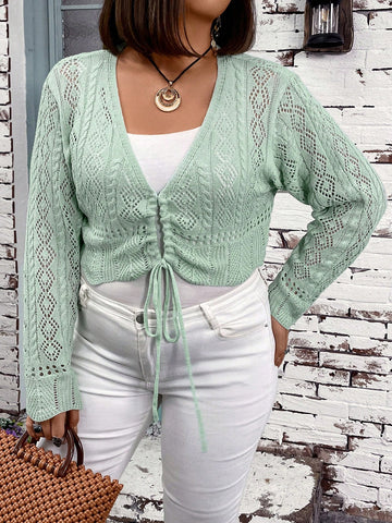 Solid Color Knitted Plus Size Hollow Out Cardigan