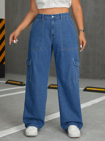 Plus Size Women's Cargo Style Denim Pants With Pockets
