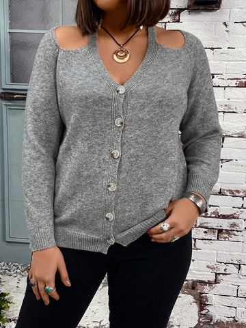 Plus Size Open Front Off Shoulder Cardigan With Front Buttons