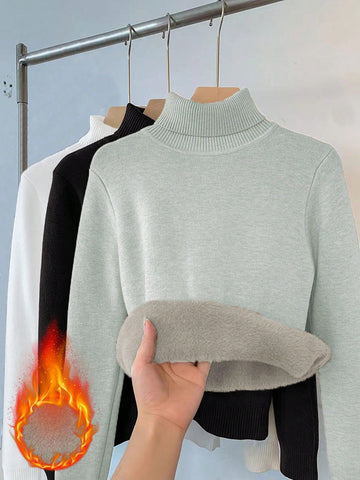 Plus Size Solid Color High Neck Fleece Sweater