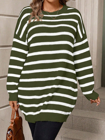 Plus Size Women's Striped Long Sleeve Sweater Pullover