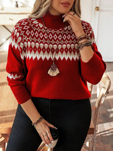 Plus Size Geometric Pattern Raglan Long Sleeve Sweater
