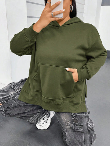 Plus Size Women'S Hooded Sweatshirt With Split Hem