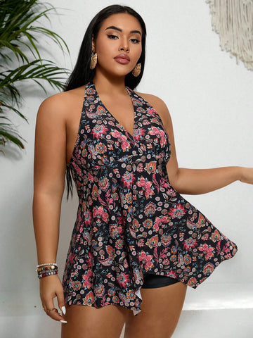 Printing V-Neck Plus Size One-Piece Swimsuit With Halter Neck