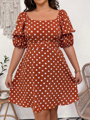 Polka Dot Printed Plus Size Women's Puff Sleeve Dress