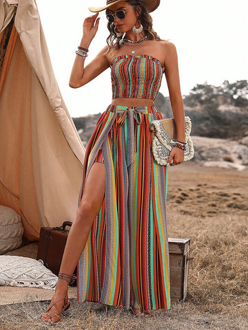 Vintage Printed Strapless Crop Top And Wide Leg Pants Two-Piece Set
