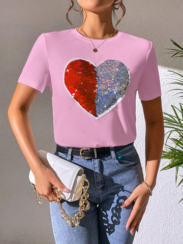 Women's Heart-Shaped Sequined Short-Sleeve T-Shirt