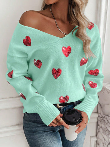 Sparkly Heart Pattern V-Neck Long Sleeve Sweater
