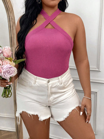 Plus Size Criss-Cross Halter Sleeveless Knitted Top
