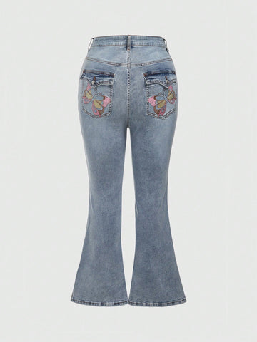 Women's Plus Size Butterfly Embroidery Flared Denim Jeans With Pockets