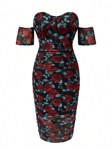 Plus Size Off-Shoulder Floral Print Dress