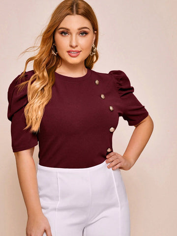 Plus Size Solid Puff Sleeve Top With Decorative Buttons