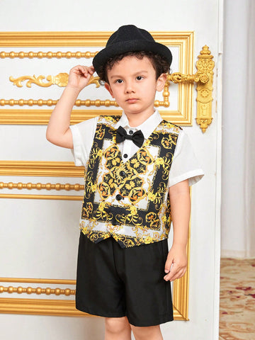 Young Boy's Matching Butterfly Bowtie Dress Shirt, Baroque Pattern Vest, Jacket And Shorts Gentlemen Outfits 3pcs/Set