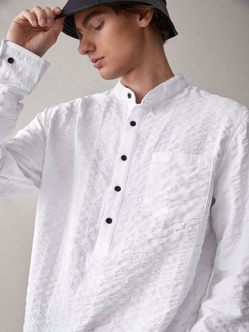Men's Button Half Placket Shirt With Texture And Patch Pockets