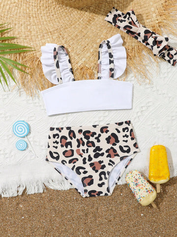 Baby Girl Leopard Ruffle Trim Bikini Swimsuit