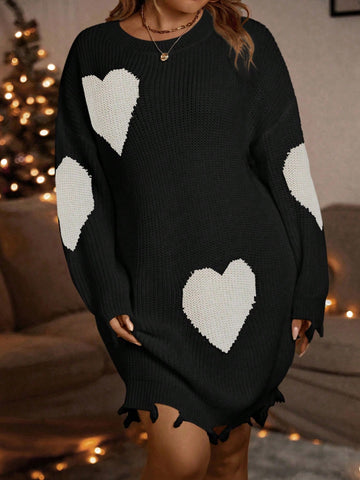 Plus Size Love Heart Pattern Drop Shoulder Sweater Dress