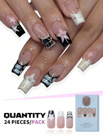 Get Charm Series: 24pcs/set Long Coffin False Nail With Black & White French Tips, Mixed With Star & Crocodile Patterns, Full Coverage, For Party, Dance & Daily Wear