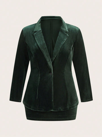 Plus Size Velvet Suit Jacket With Turn-Down Collar And Skirt Set
