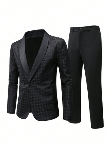Men's Houndstooth Print Shawl Collar Suit Jacket And Pants Set