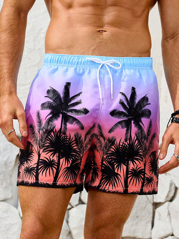 Men's Gradient Color Coconut Tree Print Beach Shorts