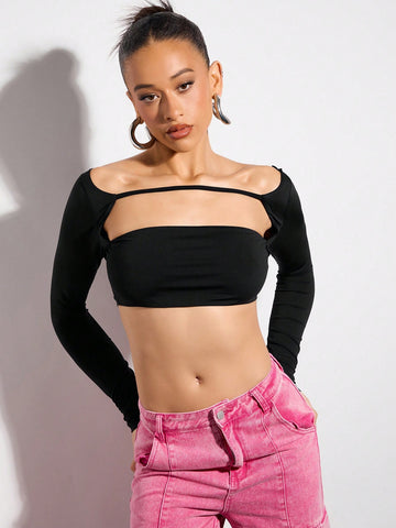 Women's Sexy Solid Color One Shoulder Hollow Out Crop Top