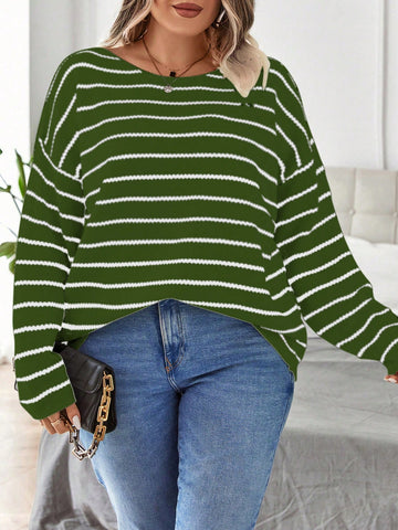 Plus Size Women's Striped Drop Shoulder Long Sleeve Pullover Sweater