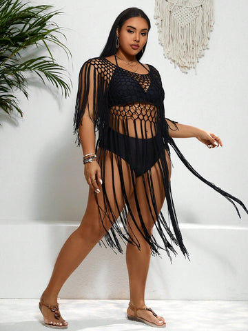 Plus Size Women's Fringe Hollow Out Cover Up Top