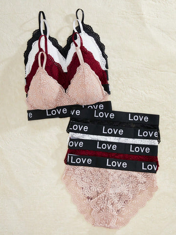 Ladies' Valentine's Day Themed Love Print Ribbon Lace Lingerie Set