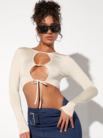 Ladies' Solid Color Hollow Out Lace-Up Cropped Top