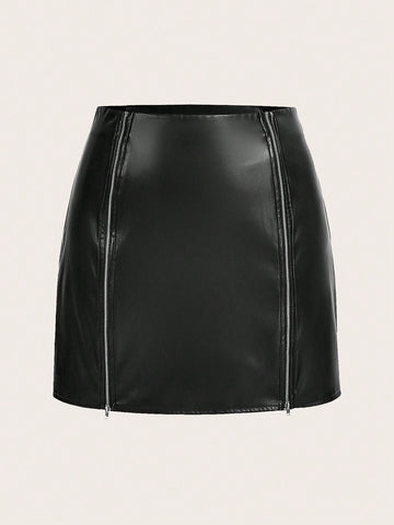 Plus Size Front Zipper Pu Leather Skirt