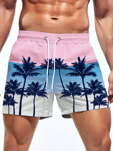 Men's Coconut Tree Print Drawstring Beach Shorts