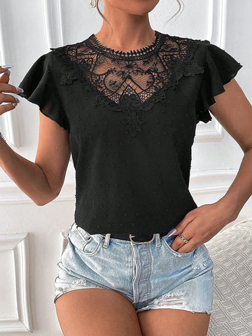 Women's Summer Shirt, Featuring French Elegant Swiss Dot Lace Combined With A Bow Sleeve, An Elegant Texture For Formal And Casual Wear.