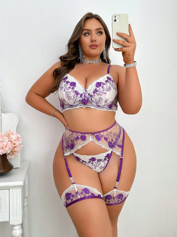 Plus Size Women's Sexy Lingerie With Flower Embroidery Garter Belt