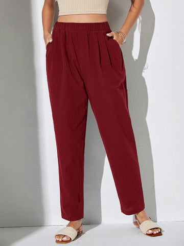Woven Solid Color Elastic Waist Long Pants