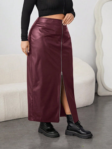 Plus Size Front Zipper Pu Skirt