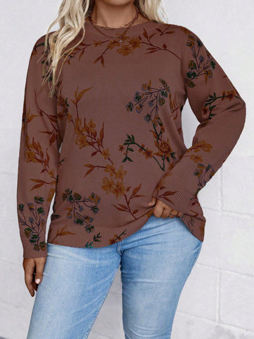 Plus Size Printed Round Neck Pullover Sweater For Casual Occasions