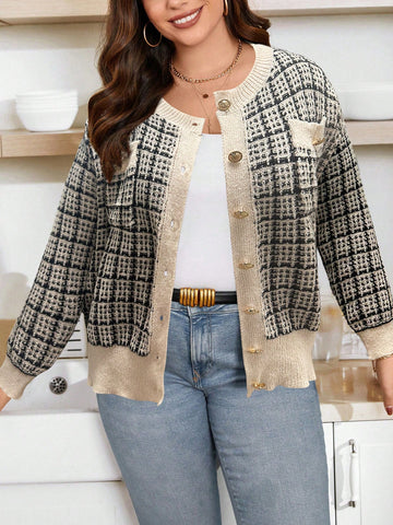 Plus Size Women's Plaid Button-Down Cardigan Sweater With Long Sleeves