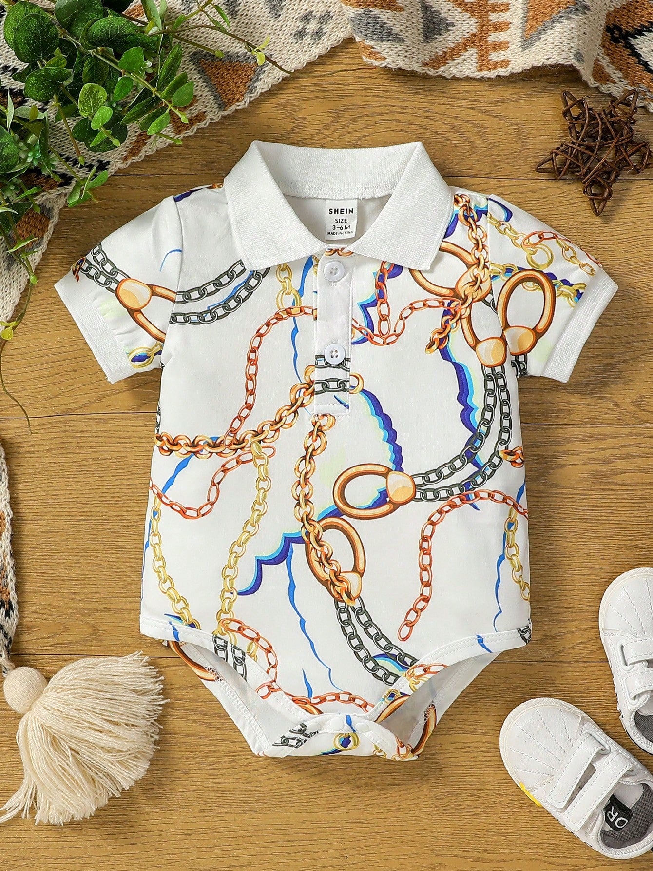 Hip-Hop Style Baby Boy Short Sleeve One-Piece Bodysuit With Metal Chain & Polo Collar & Printed Pattern, Casual Chic Summer Outfits