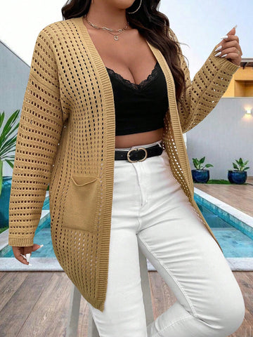 Plus Size Double Pocket Open Knit Cardigan With Holes