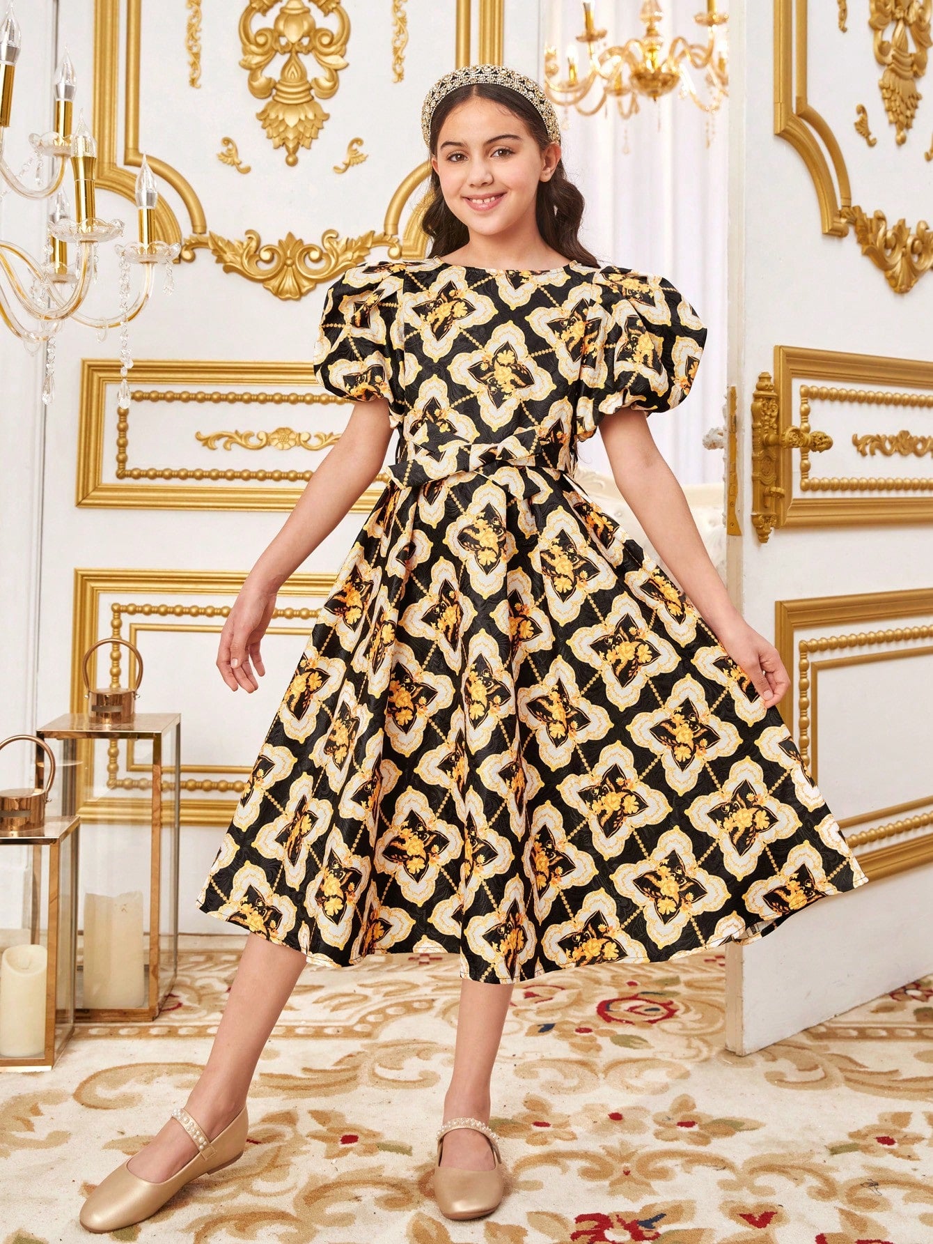 Tween Girls' Slim Fit Baroque Print Bubble Sleeve Midi A-Line Dress With Round Neckline, Perfect For Vacation